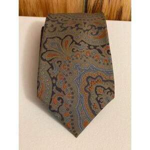 Hughes & Hatcher 100% SILK tie handmade in Spain blue olive green orange paisley